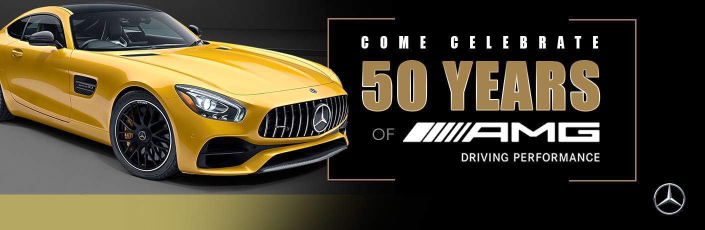 yellow Mercedes-AMG model with 50 years of AMG driving performance title