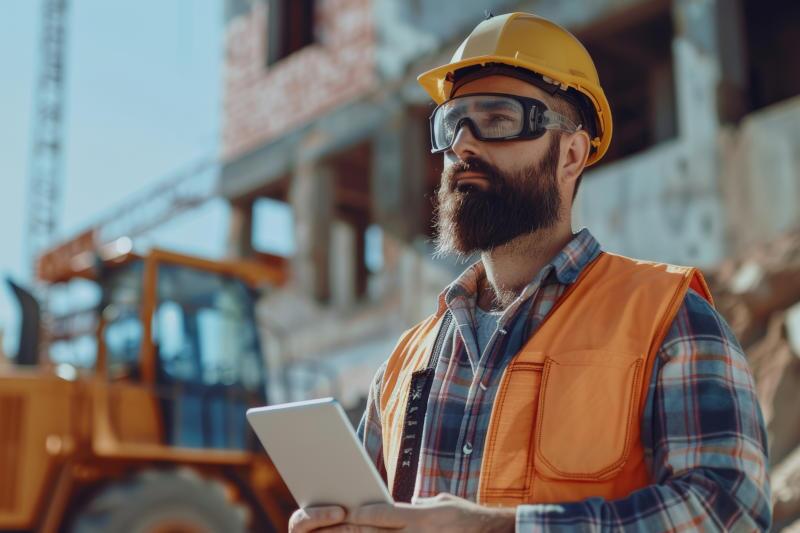 A man using a tablet computer at a heavy job work site, potentially to calculate financing for his business with bad credit.