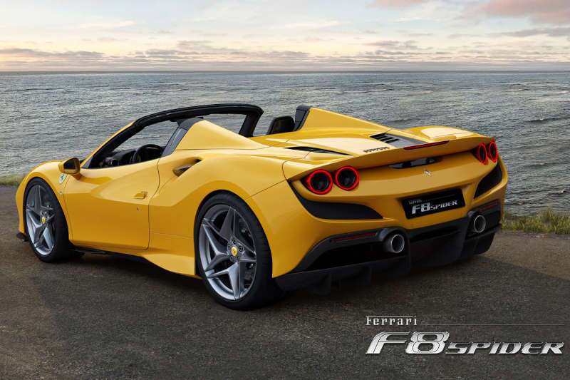A rear 3/4 exterior view of the 2025 Ferrari F8 Spider