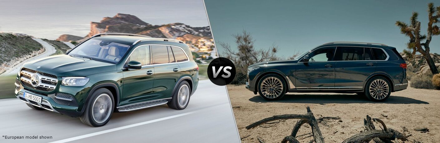 2020 MB GLS exterior front fascia and driver side vs 2020 BMW X7 exterior driver side profile