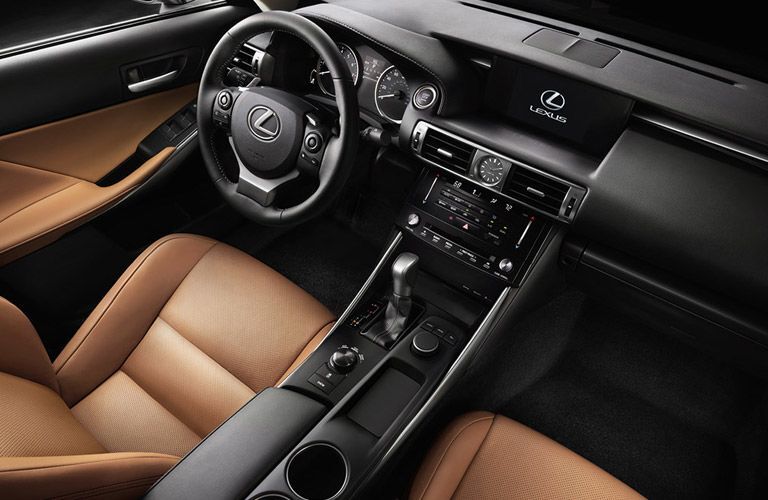 Front seats and steering wheel of the 2017 Lexus IS200