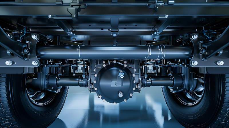 A detail of the undercarriage and suspension system of a large commercial truck.