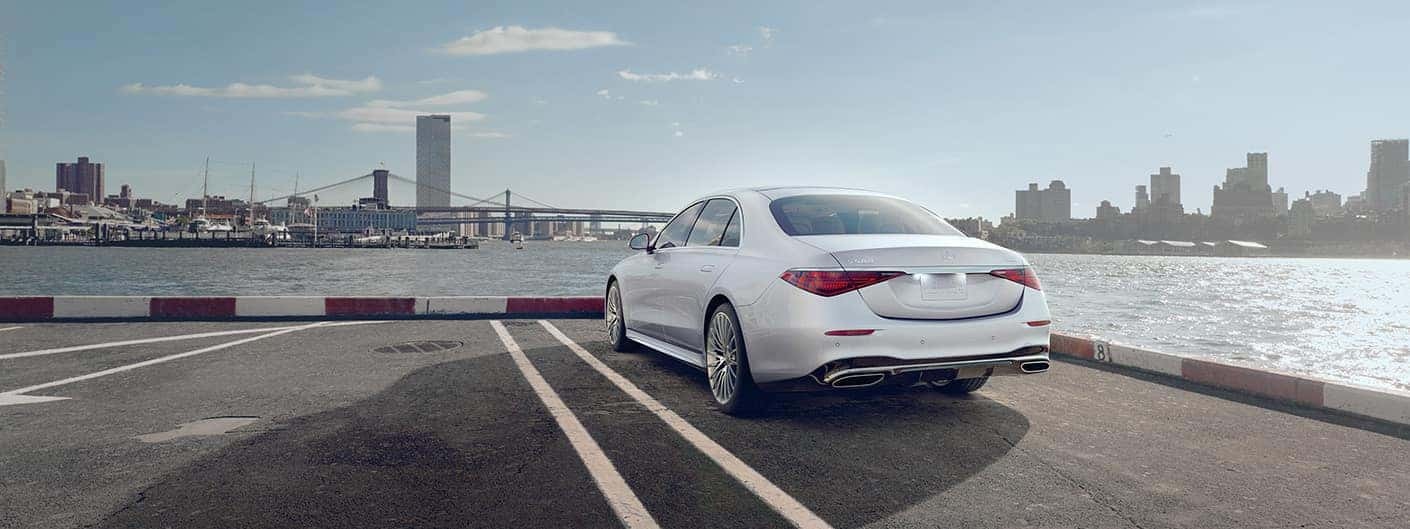 A rear exterior view of the Mercedes-Benz S-Class sedan