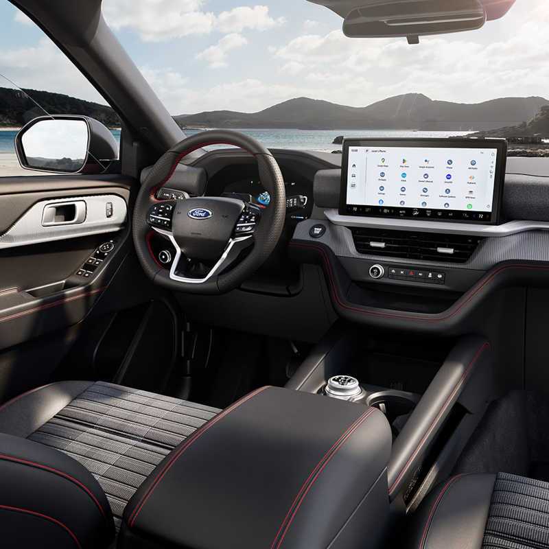The cockpit, controls, and infotainment system in the 2027 Ford Explorer Tremor