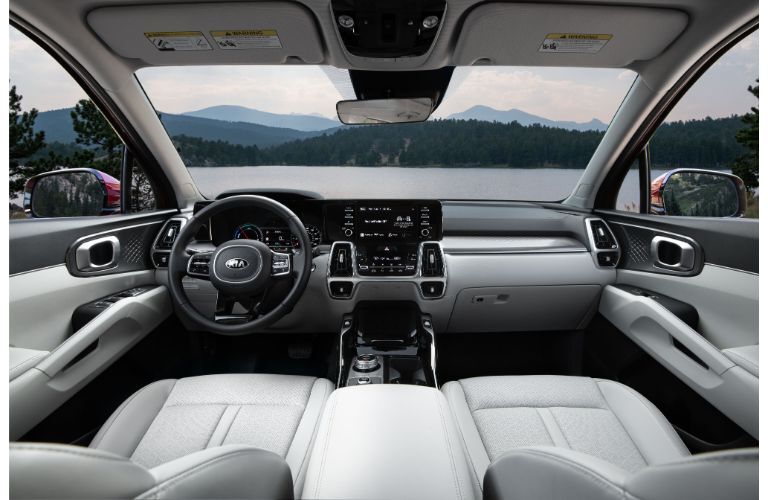 2021 Kia Sorento Hybrid interior shot of front seating, steering wheel, and dashboard layout