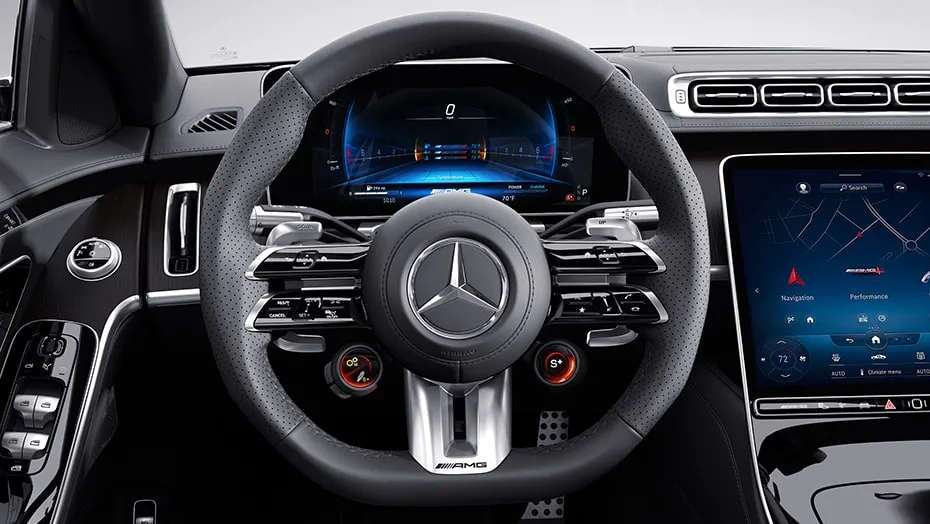 The digital dashboard and controls in the 2025 Mercedes-Benz AMG S63 E