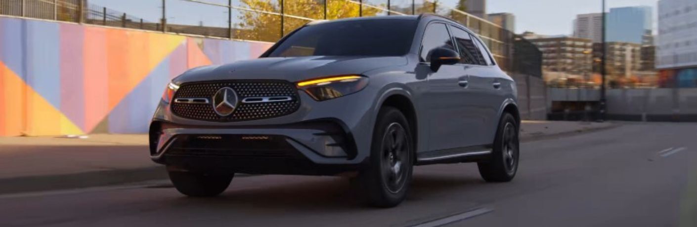 2026 Mercedes-Benz GLC front and side angle on a road