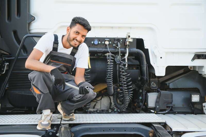 A commercial truck mechanic working on transmission service in South Florida