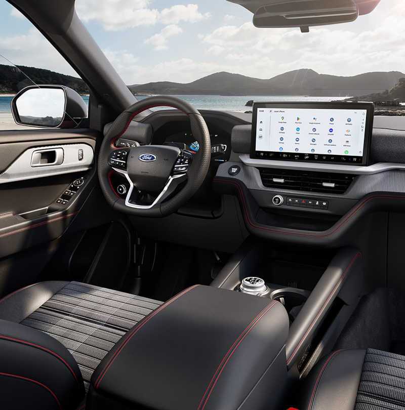 The cockpit, controls, and infotainment system in the 2027 Ford Explorer ST