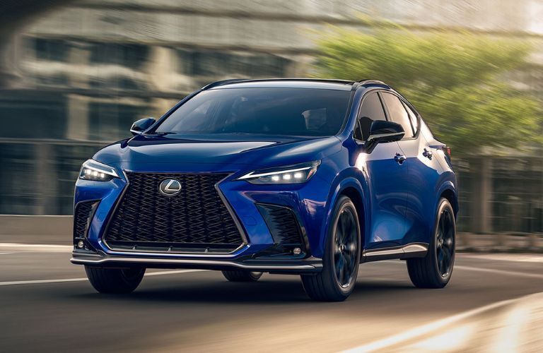 Front view of the 2022 Lexus NX SUV in blue driven on road