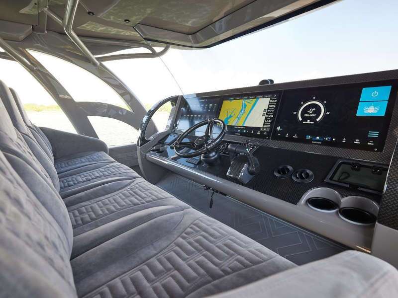 The bridge cabin and controls in the 2026 Midnight Express 52 Mansory