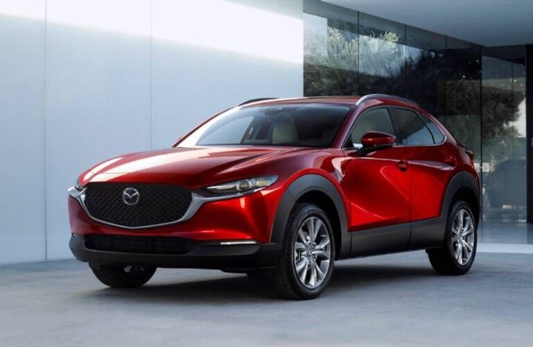 Front driver angle of a red 2020 Mazda CX-30