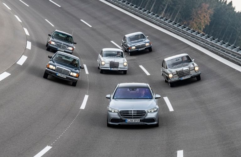 2022 MB S-Class with earlier year models on racetrack