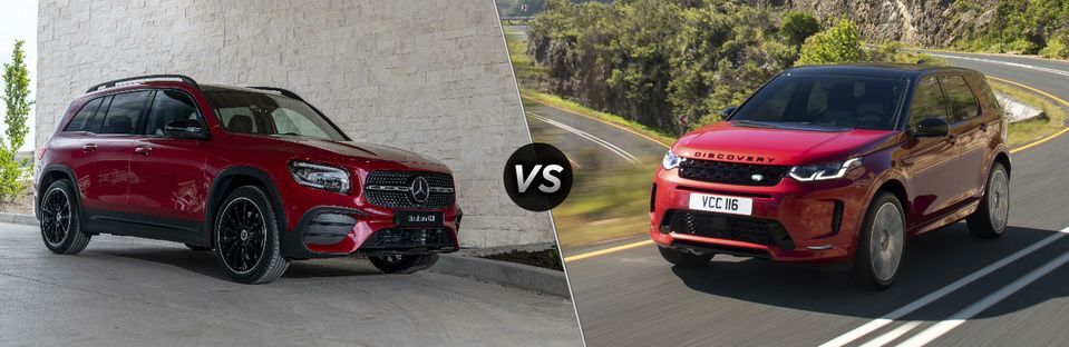 2020 MB GLB exterior front fascia passenger side vs 2020  Land Rover Discovery Sport exterior front fascia driver side on road