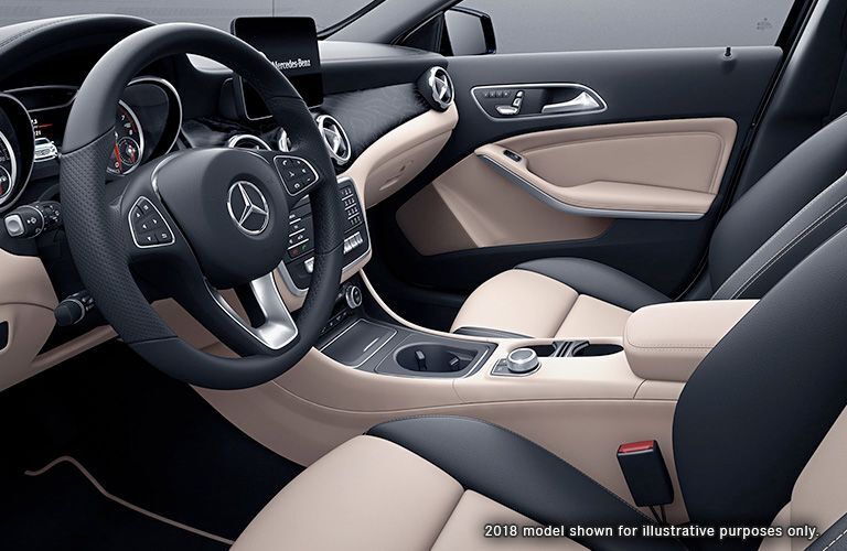Front seats and steering wheel of the 2019 Mercedes-Benz GLA