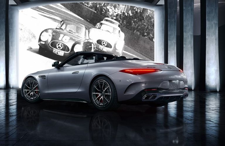 Rear three-quarter view of the 2023 Mercedes-AMG SL 55 Roadster parked