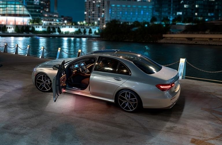 Silver 2022 Mercedes-Benz E-Class Rear Exterior on a Pier