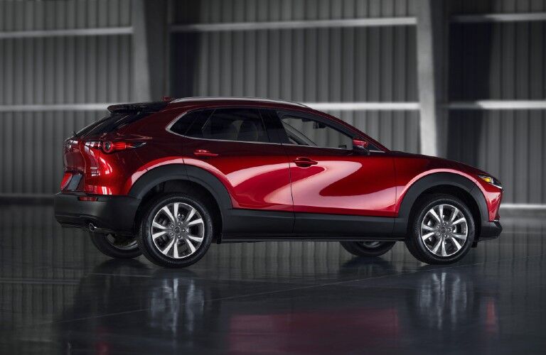 Passenger angle of a red 2020 Mazda CX-30