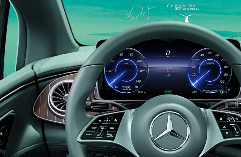 Front view of the 2024 Mercedes-Benz EQE 350 4MATIC SUV steering wheel and dashboard