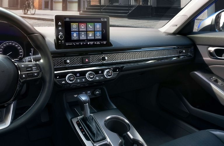 Interior view of the dashboard and 9-inch touchscreen display in the 2022 Honda Civic Sedan