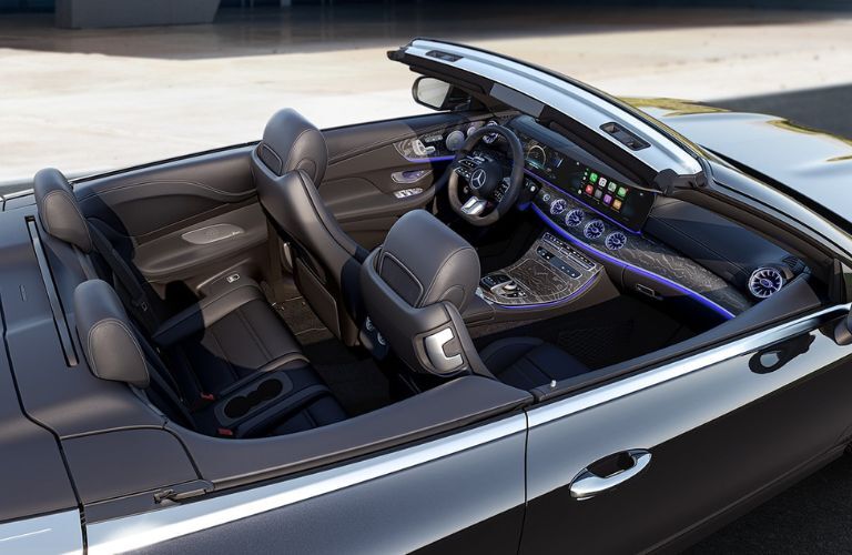Aerial view of the 2022 Mercedes-AMG E 53 Cabriolet with roof down