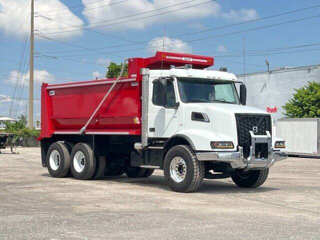 A front quarter exterior view of a Volvo dump truck