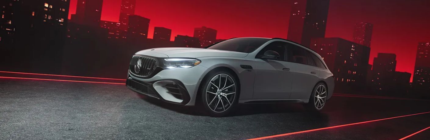 front quarter and side view of the 2026 Mercedes-AMG® E 53 HYBRID Wagon 