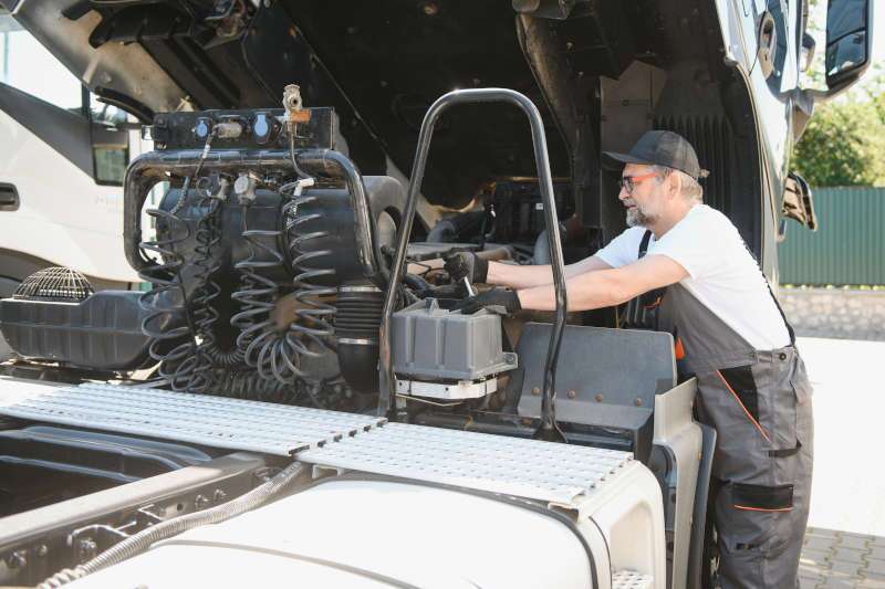 A man performing service on a Cummins commercial truck engine