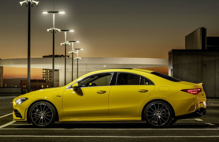 2020 MB CLA exterior driver side profile in empty city lot at night
