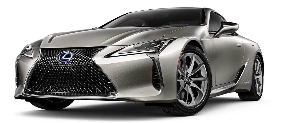 Exterior of the Lexus LC Hybrid shown in Atomic Silver on a desert background.