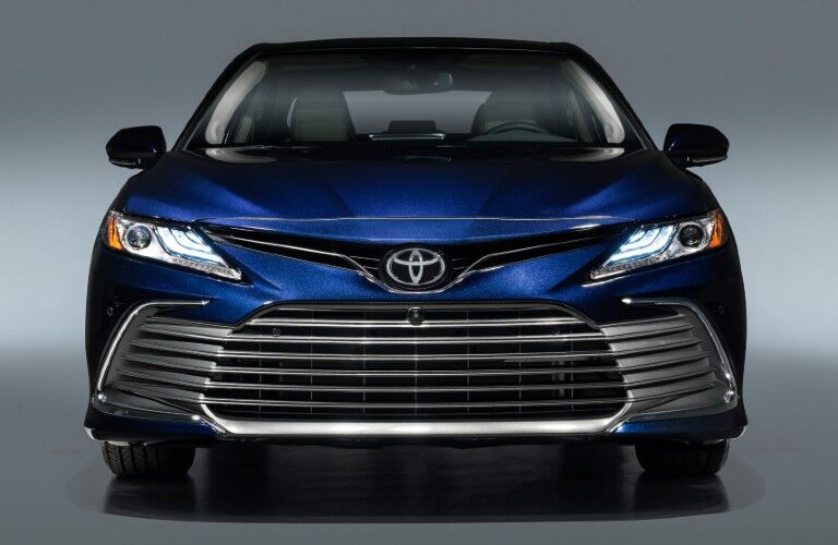 Front view of blue 2021 Toyota Camry