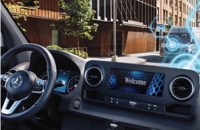 Interior view of the 2023 Mercedes-Benz Sprinter Van showing PRO welcome screen