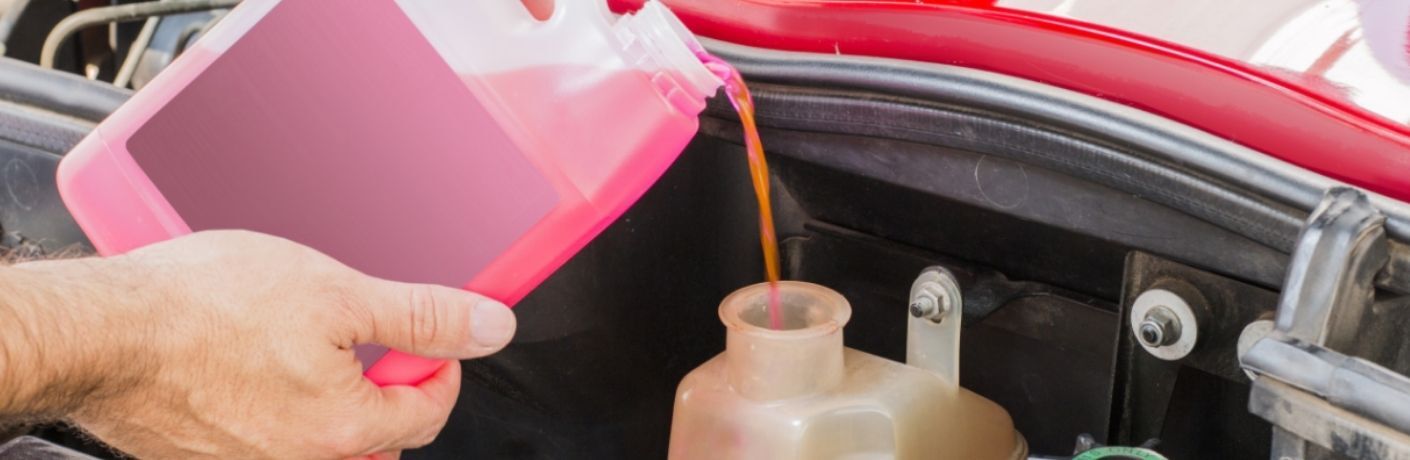 technician pouring fresh coolant in a car