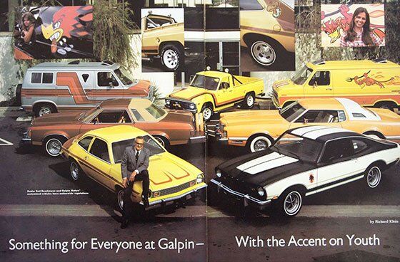 Bert posing with Galpinized custom vehicles in a Ford Dealer magazine