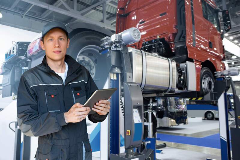 A mechanic doing commerical truck transmission repair on a heavy commercial truck.