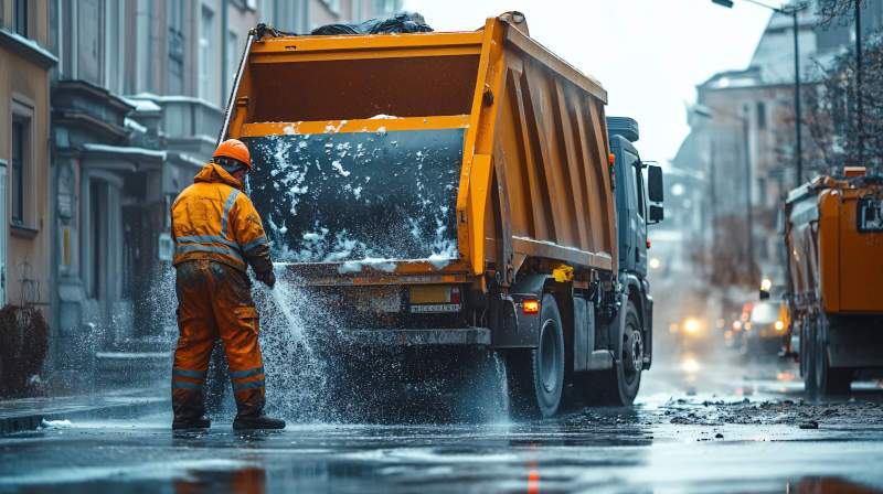 A man washing a heavy garbage truck.