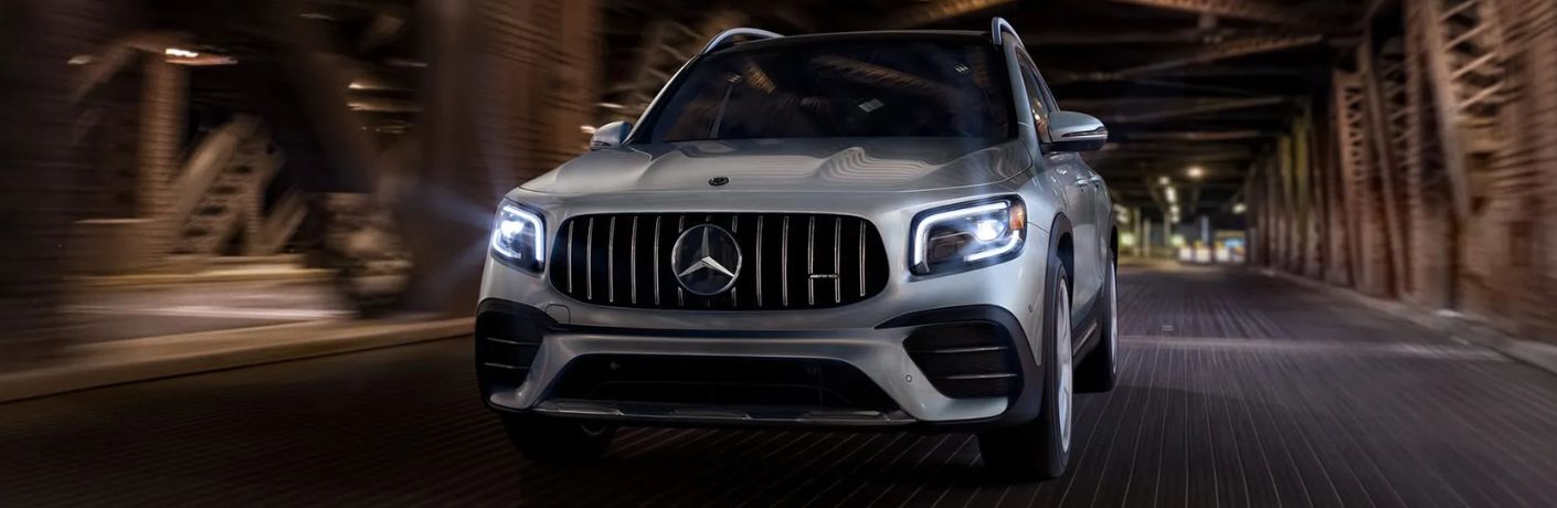 Front view of the 2023 Mercedes-AMG GLB 35 driving