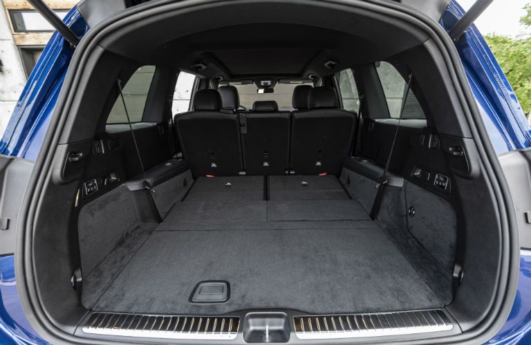 2020 MB GLS exterior looking into open trunk cargo space