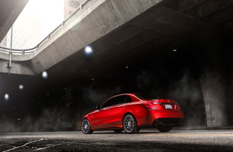 Rear-quarter view of the 2021 Mercedes-Benz C-Class Red