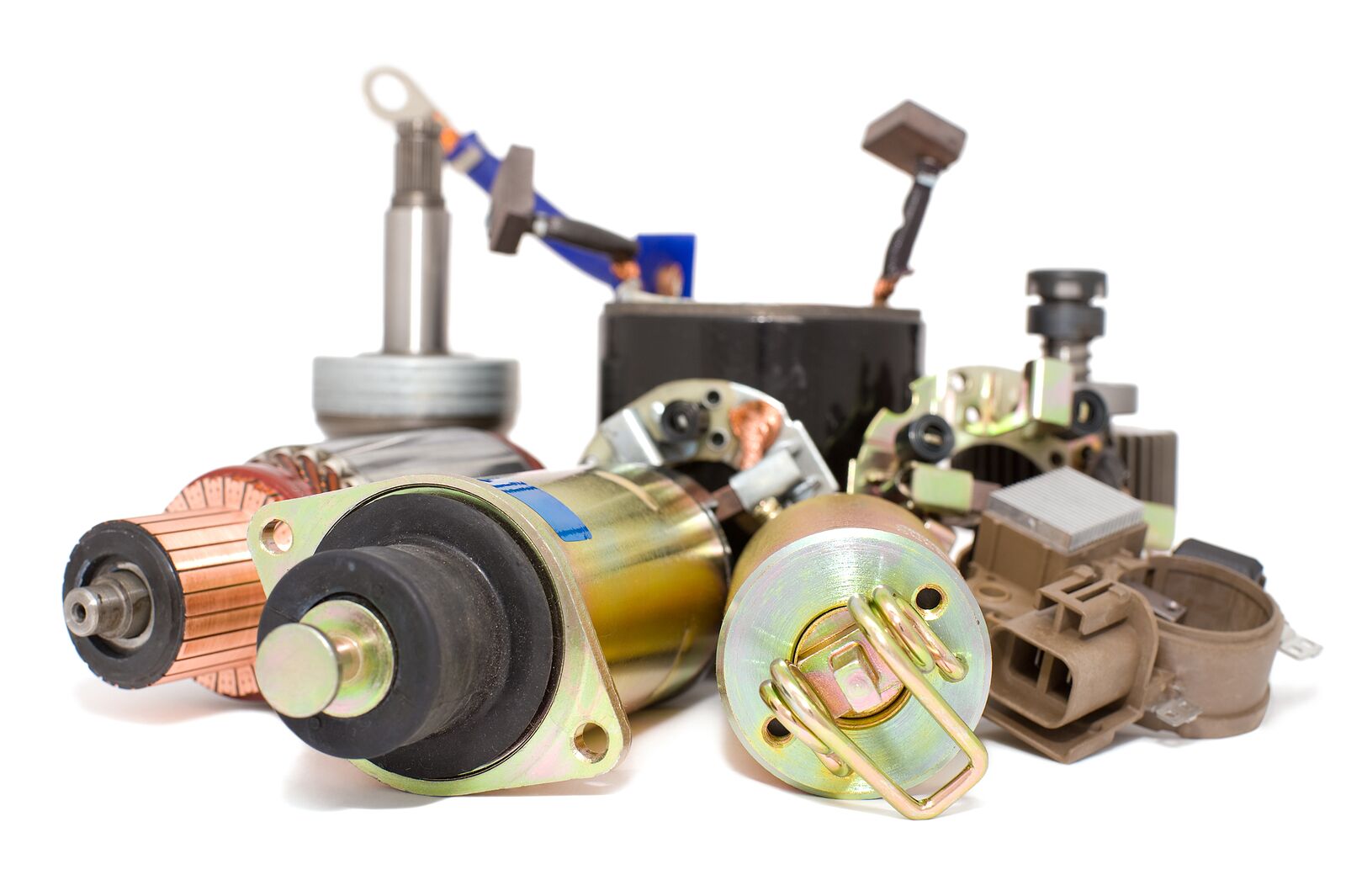 several auto parts on a white background