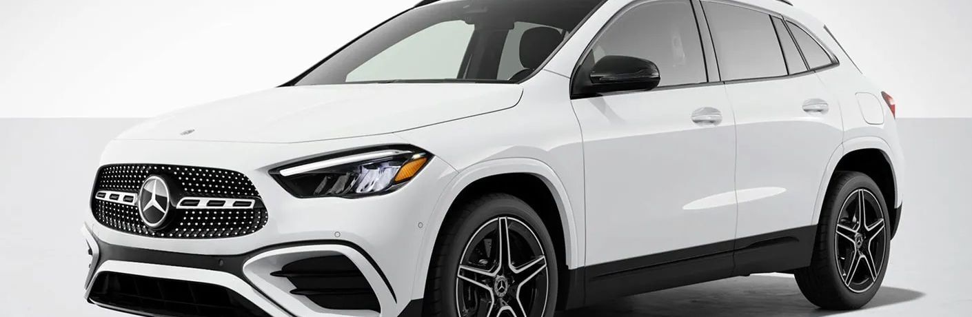 Front-quarter view of the 2026 Mercedes-Benz GLA 250 SUV White