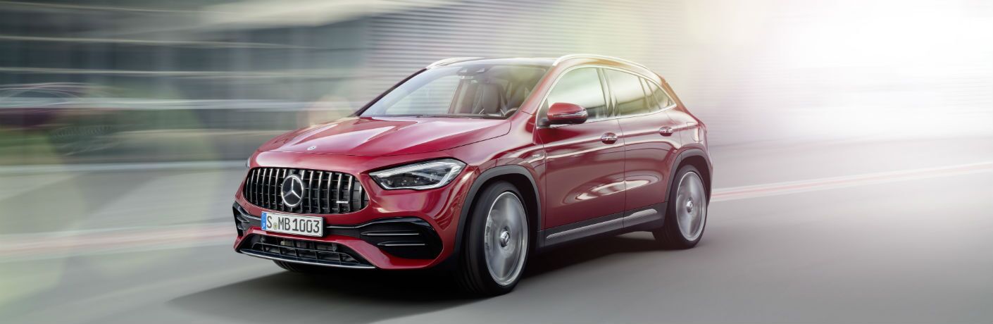 2021 MB GLA exterior front fascia driver side on blurred road with lens glare