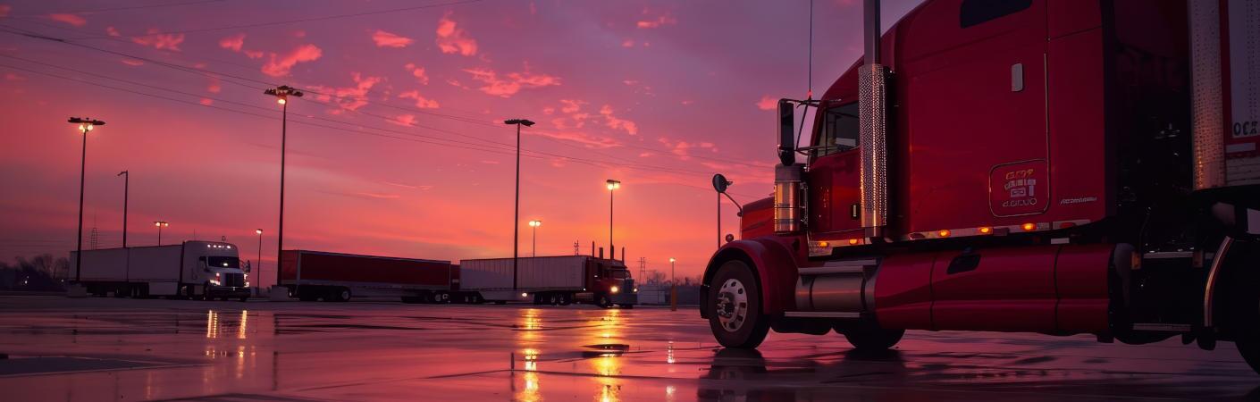 A large commercial truck at a truck stop at sunset.