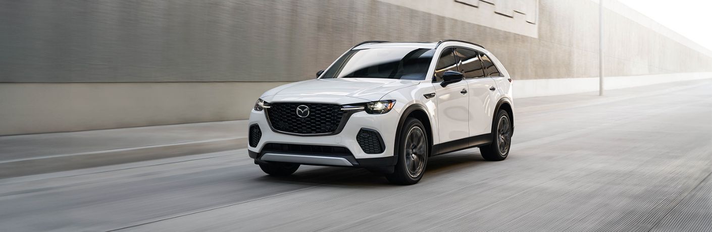 front quarter view of the 2025 Mazda CX-70 PHEV on the road
