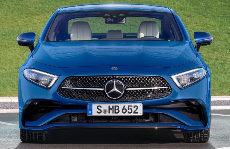 Front end of a blue 2022 Mercedes-Benz CLS.