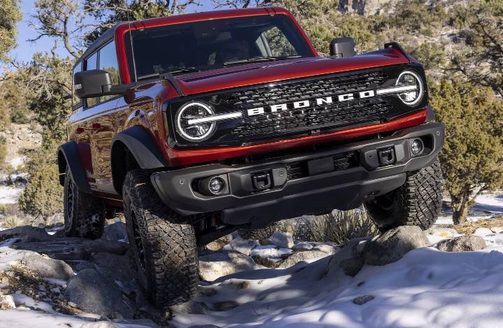 Ford Bronco front view off-road on snow trail