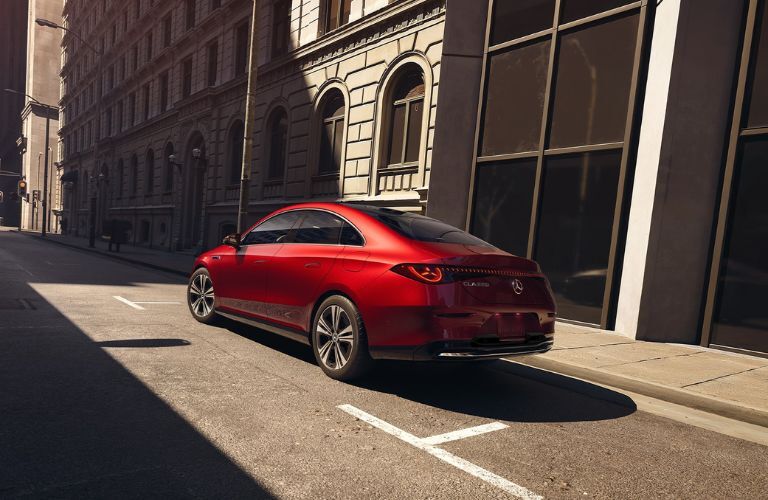 Rear-quarter view of the 2027 Mercedes-Benz CLA 220 Hybrid Sedan Red