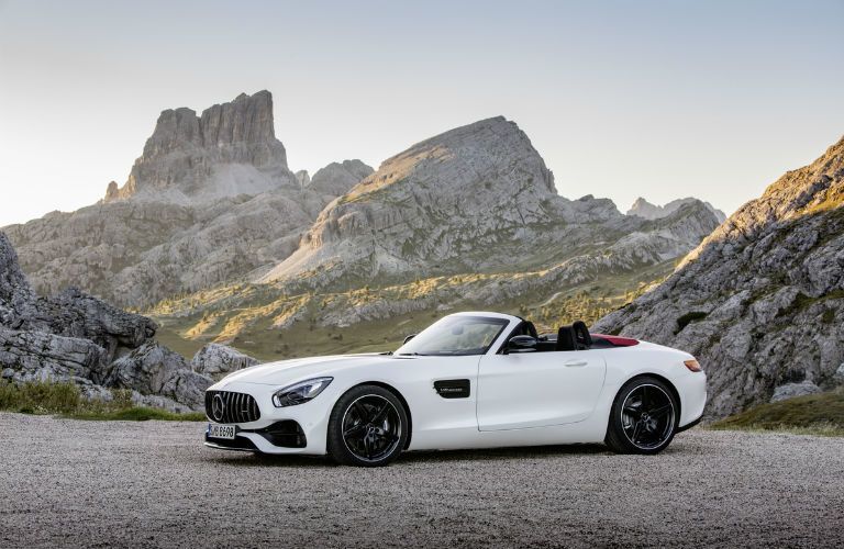 2018 Mercedes-Benz AMG® GT Roadster white side view in front of mountains