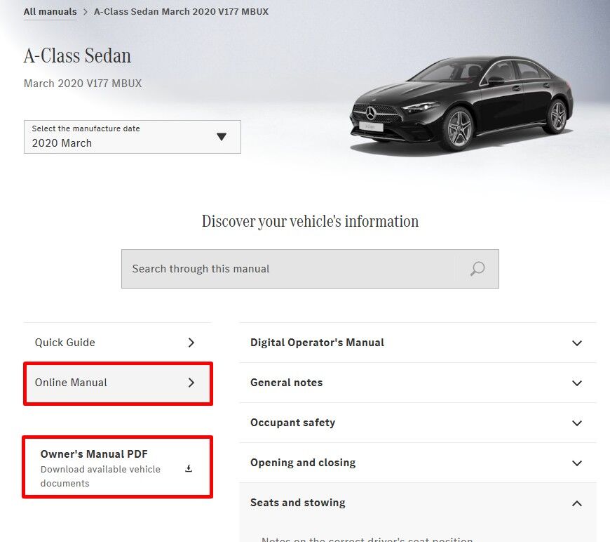 A screenshot of the Mercedes-Benz online service manual portal showing the online manual and owner's manual PDF options