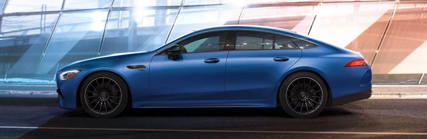 Side view of the 2024 Mercedes-AMG GT 63 S E PERFORMANCE 4-door Coupe Blue